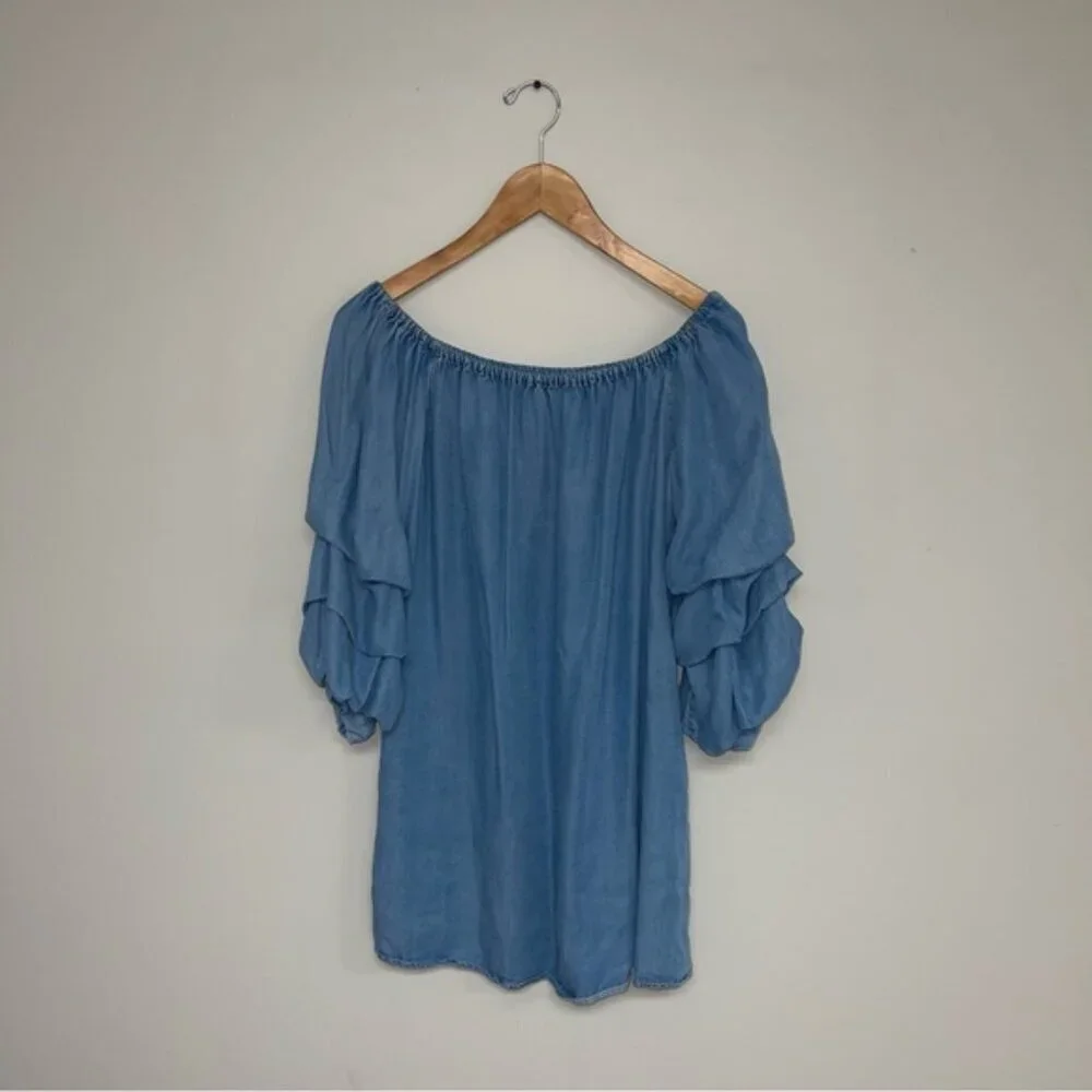 Zara Dress Size Medium Blue Denim Tiered Puff Sleeves Mini Off-The-Shoulder Jean